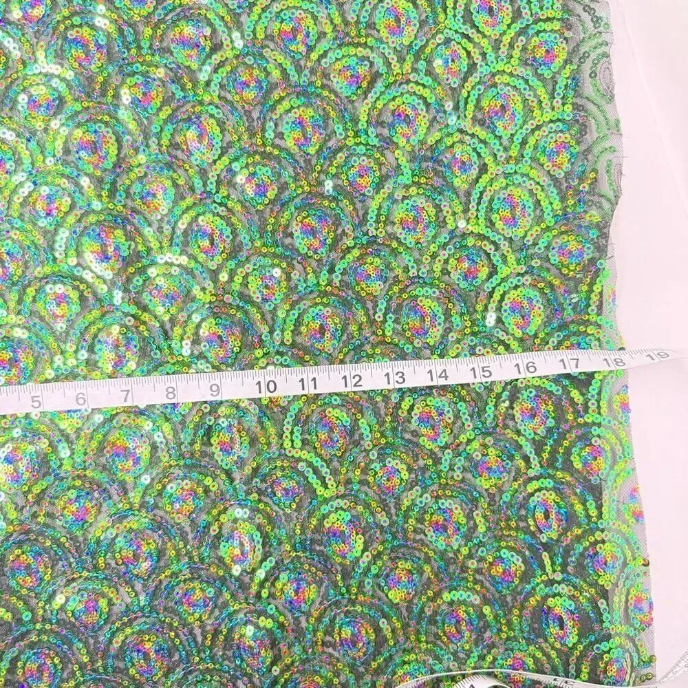 Iridescent Sequin Fabric Green Rainbow Mermaid Scale Pattern 30” x 17” Mesh Back